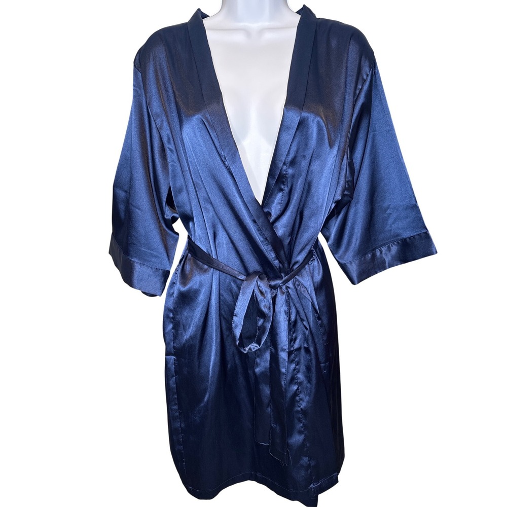 Womens Navy Blue Satin Belted Kimono Robe S/M Silky Shimmer Loungewear Nightwear
